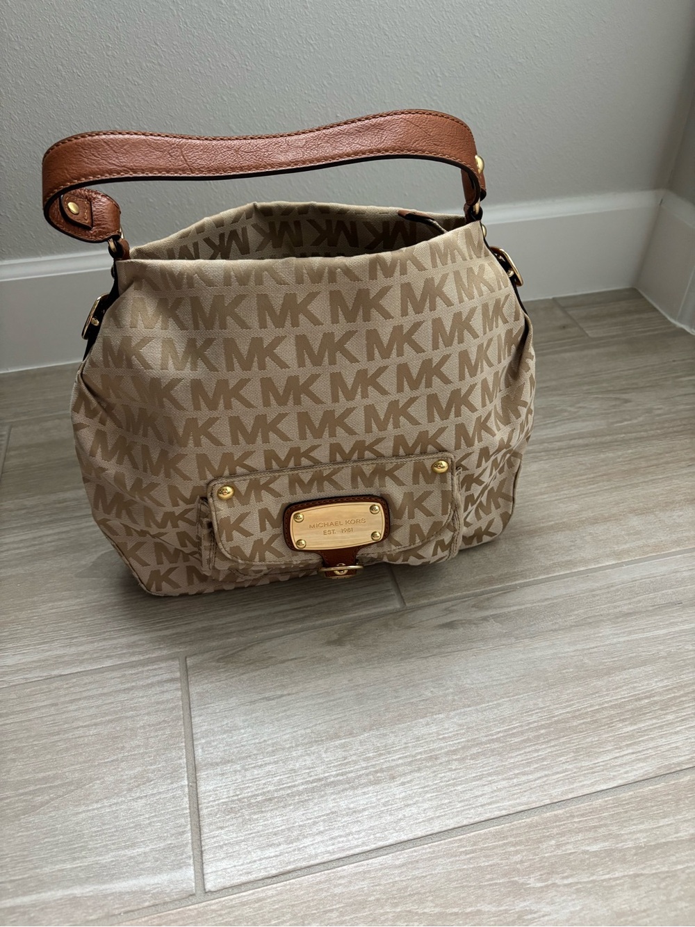 Michael Kors Beige/Tan Logo Shoulder Bag with Gold Hardware